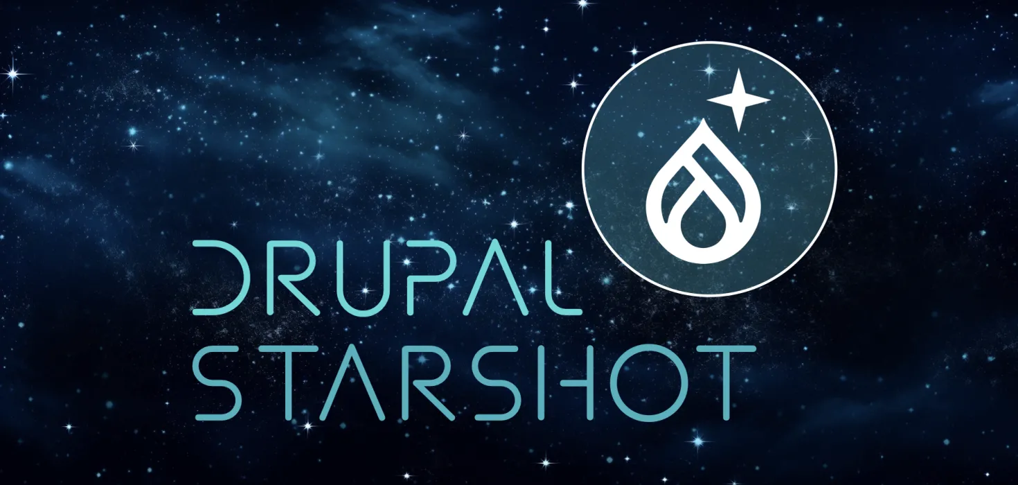 Logo Drupal Starshot mit einem Sternenhimmel als Hintergrund