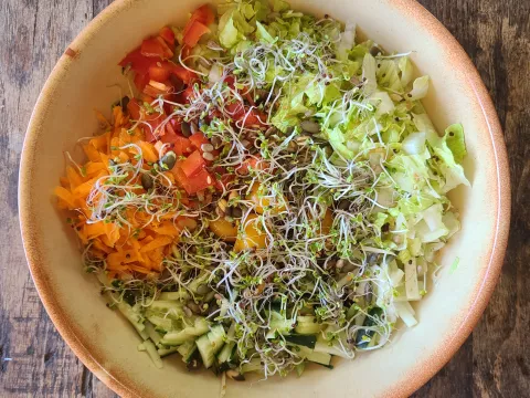 A large bowl of salad
